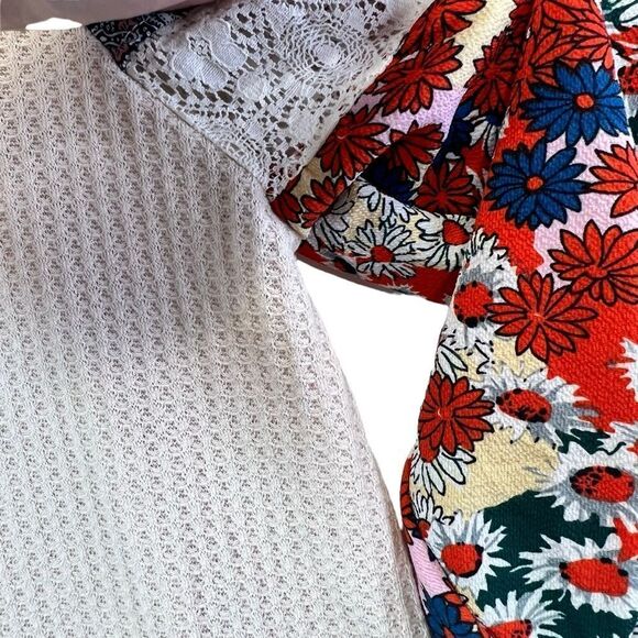 Umgee waffle Striped and Floral Color-block Puff Sleeve Top oversized fit small - Picture 12 of 13